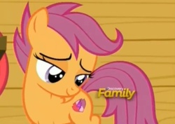 Size: 726x515 | Tagged: safe, screencap, scootaloo, g4, on your marks, cropped, cutie mark, cutie mark adoration, discovery family logo, stare, the cmc's cutie marks