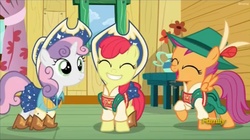 Size: 1588x888 | Tagged: safe, screencap, apple bloom, scootaloo, sweetie belle, g4, on your marks, boots, clothes, cow belle, cowboy boots, cowboy hat, cutie mark crusaders, discovery family logo, hat, lederhosen, shoes, skirt, yodeloo