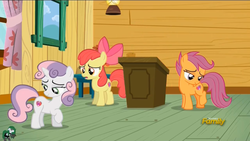 Size: 1920x1080 | Tagged: safe, screencap, apple bloom, scootaloo, sweetie belle, g4, on your marks, cutie mark, cutie mark adoration, cutie mark crusaders, discovery family logo, podium, the cmc's cutie marks