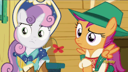 Size: 960x540 | Tagged: safe, screencap, apple bloom, scootaloo, sweetie belle, earth pony, pegasus, pony, unicorn, g4, on your marks, animated, blushing, boots, clothes, cow belle, cowboy boots, cowboy hat, cutie mark, cutie mark crusaders, discovery family logo, embarrassed, female, gif, hat, lederhosen, out of context, raised eyebrow, seriously, shoes, skirt, skirt lift, skirt pull, the cmc's cutie marks, we already got our mark, yodeloo