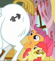 Size: 842x941 | Tagged: safe, screencap, apple bloom, bulk biceps, scootaloo, earth pony, pony, g4, on your marks, cropped, discovery family logo, eyes on the prize, female, filly, looking at butt, out of context