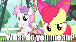 Size: 662x370 | Tagged: safe, edit, edited screencap, screencap, apple bloom, sweetie belle, g4, on your marks, caption, discovery family logo, image macro, reaction image, swing, text