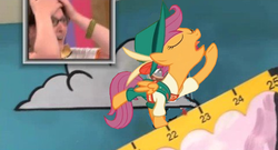 Size: 480x259 | Tagged: safe, edit, edited screencap, screencap, scootaloo, human, g4, on your marks, cliff hangers, clothes, lederhosen, the price is right, yodeloo