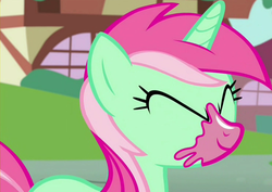 Size: 1486x1051 | Tagged: safe, screencap, minty bubblegum, pony, unicorn, g4, on your marks, background pony, bubblegum, cropped, eyes closed, female, food, mare, smiling, solo