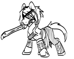 Size: 500x400 | Tagged: safe, artist:thebirdiebin, pony, armor, clothes, crossover, drakengard, eyepatch, father, male, nier, old, ponified, stallion, sword, video game, weapon