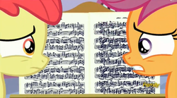 Size: 2497x1385 | Tagged: safe, screencap, apple bloom, scootaloo, g4, on your marks, concerned, discovery family logo, music notes, sheet music