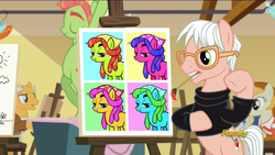 Size: 1920x1080 | Tagged: safe, screencap, acrylic paint (g4), peachy pitt, pinto paintcaster, pop art (g4), tree hugger, earth pony, pony, g4, on your marks, andy warhol, bipedal, discovery family logo, easel, fine art parody, male, modern art, mouth hold, pablo picasso, paint, paintbrush, painting, parody, ponified, pop art, spotlight, stallion, studio