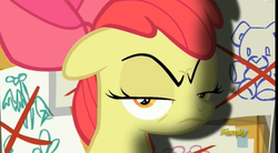 Size: 2503x1385 | Tagged: safe, screencap, apple bloom, earth pony, pony, g4, on your marks, season 6, angry, apple bloom is not amused, apple bloom's bow, bow, clubhouse, crusaders clubhouse, discovery family logo, faic, female, filly, foal, frown, golden eyes, hair bow, red hair, red mane, sanity slippage, shadow, snapple bloom, solo, unamused, yellow coat, yellow fur, yellow pony