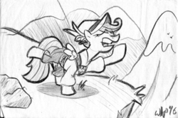 Size: 895x594 | Tagged: safe, artist:wingbeatpony, scootaloo, g4, on your marks, clothes, eyes closed, female, lederhosen, monochrome, mountain, open mouth, raised hoof, raised leg, solo, that was fast, yodeloo