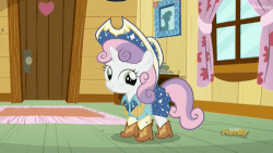 Size: 500x281 | Tagged: safe, screencap, sweetie belle, pony, unicorn, g4, on your marks, animated, boots, clothes, clubhouse, cow belle, cowboy boots, cowboy hat, crusaders clubhouse, cute, dancing, diasweetes, discovery family logo, eyes closed, female, filly, hat, skirt, smiling, wink
