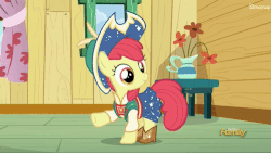 Size: 500x281 | Tagged: safe, screencap, apple bloom, pony, g4, on your marks, adorabloom, animated, boots, clothes, clubhouse, costume, cowboy boots, crusaders clubhouse, cute, dancing, discovery family logo, dress, female, shoes, wink