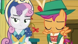 Size: 1281x720 | Tagged: safe, screencap, scootaloo, sweetie belle, g4, on your marks, boots, clothes, cow belle, cowboy boots, cowboy hat, discovery family logo, hat, lederhosen, shoes, yodeloo