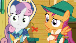Size: 720x405 | Tagged: safe, screencap, scootaloo, sweetie belle, pegasus, pony, unicorn, g4, on your marks, animated, boots, clothes, cow belle, cowboy boots, cowboy hat, cutie mark, discovery family logo, dress, duh, female, filly, flank, frown, hat, lederhosen, looking at you, raised eyebrow, shoes, skirt, skirt lift, stetson, the cmc's cutie marks, unamused, we already got our mark, yodeloo