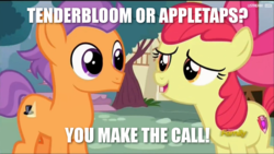 Size: 1280x720 | Tagged: safe, edit, edited screencap, screencap, apple bloom, tender taps, earth pony, pony, g4, on your marks, caption, colt, cutie mark, discovery family logo, female, filly, image macro, male, meme, shipping, tenderbloom, the cmc's cutie marks