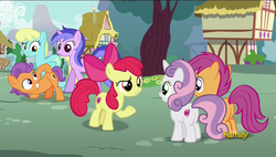 Size: 1920x1088 | Tagged: safe, screencap, apple bloom, scootaloo, sweetie belle, tender taps, earth pony, pony, g4, on your marks, colt, cutie mark, cutie mark crusaders, discovery family logo, female, filly, male, the cmc's cutie marks