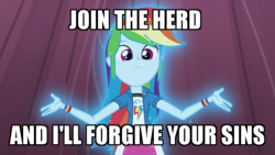 Size: 640x360 | Tagged: safe, rainbow dash, equestria girls, g4, my little pony equestria girls: friendship games, female, glowing, god, image macro, join the herd, looking at you, meme, rainbow dash is god, smiling, solo, sparkles