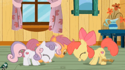 Size: 500x281 | Tagged: safe, screencap, apple bloom, scootaloo, sweetie belle, oc, oc:sumica, g4, on your marks, animated, bronystate, cheering, cutie mark, cutie mark crusaders, discovery family logo, female, jumping, the cmc's cutie marks
