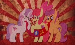 Size: 3207x1922 | Tagged: safe, artist:squipycheetah, apple bloom, scootaloo, sweetie belle, earth pony, pegasus, pony, unicorn, crusaders of the lost mark, g4, apple bloom's bow, cape, clothes, cmc cape, cmc logo, communism, communism is magic, cute, cutie mark, cutie mark crusaders, filly, flag, hammer and sickle, happy, mouth hold, open mouth, propaganda, raised hoof, soviet, soviet russia, soviet union, spread wings, sunburst background, the cmc's cutie marks, trio