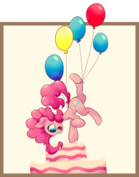 Size: 6600x8400 | Tagged: safe, artist:luxaestas, pinkie pie, g4, absurd resolution, balloon, cake, female, food, solo, then watch her balloons lift her up to the sky