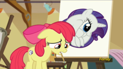 Size: 1280x720 | Tagged: safe, edit, edited screencap, screencap, apple bloom, g4, on your marks, the gift of the maud pie, apple bloom's painting, discovery family logo, meme, rariball