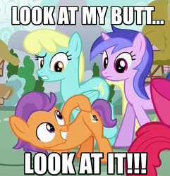 Size: 636x659 | Tagged: safe, edit, edited screencap, screencap, apple bloom, sassaflash, sea swirl, seafoam, tender taps, earth pony, pony, g4, on your marks, butt, caption, colt, face down ass up, female, grin, image macro, look at my butt, male, mare, meme, plot, pointing