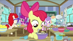 Size: 2048x1150 | Tagged: safe, screencap, apple bloom, diamond tiara, lily longsocks, peach fuzz, silver spoon, twist, earth pony, pony, g4, on your marks, baking, beaker, bowl, discovery family logo, female, filly, foal, food, lemon, mouth hold