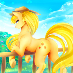 Size: 2222x2222 | Tagged: safe, artist:koveliana, applejack, earth pony, pony, g4, applebutt, bedroom eyes, butt, chromatic aberration, color porn, dock, female, fence, high res, looking at you, looking back, loose hair, plot, solo, underhoof