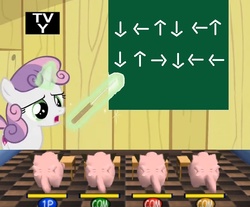 Size: 690x571 | Tagged: safe, edit, edited screencap, screencap, sweetie belle, clefairy, g4, on your marks, chalkboard, levitation, magic, pokémon, pokémon stadium, telekinesis