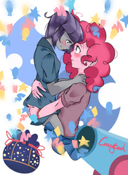 Size: 2362x3248 | Tagged: safe, artist:crazy bush, maud pie, pinkie pie, human, g4, the gift of the maud pie, confetti, high res, party cannon, pixiv, pony coloring, pouch, rock pouch