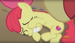 Size: 1611x932 | Tagged: safe, screencap, apple bloom, big macintosh, earth pony, pony, g4, on your marks, cowering, cutie mark, discovery family logo, female, filly, male, stallion, the cmc's cutie marks