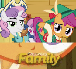 Size: 953x860 | Tagged: safe, edit, screencap, scootaloo, sweetie belle, pegasus, pony, unicorn, g4, on your marks, a family picture, butt, clothes, costume, cow belle, cutie mark, discovery family logo, female, filly, foal, hat, horn, lederhosen, out of context, plot, raised eyebrow, the cmc's cutie marks, we already got our mark, yodeloo