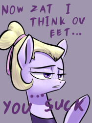 Size: 1050x1400 | Tagged: safe, artist:underpable, hoofer steps, pony, g4, on your marks, accent, dialogue, female, mare, reaction image, solo, that was fast, unamused