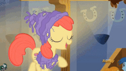 Size: 500x281 | Tagged: safe, screencap, apple bloom, carrot top, cherry spices, doctor whooves, golden harvest, lily, lily valley, rainbowshine, roseluck, time turner, pony, g4, on your marks, adorabloom, animated, cartoon physics, cute, dancing, discovery family logo, male, ouch, stallion, tap dancing