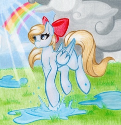 Size: 4795x4930 | Tagged: safe, artist:emberslament, oc, oc only, pegasus, pony, absurd resolution, cloud, prancing, puddle, rainbow, traditional art