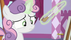 Size: 500x281 | Tagged: safe, screencap, sweetie belle, pony, unicorn, g4, on your marks, season 6, angry, animated, baton, conductor's baton, discovery family, discovery family logo, female, filly, gif, glowing horn, horn, levitation, magic, magic aura, snapping, solo, sweetie belle is not amused, sweetie belle's magic brings a great big smile, telekinesis, unamused