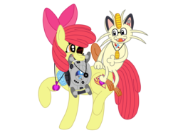 Size: 2592x1936 | Tagged: safe, artist:squipycheetah, apple bloom, earth pony, meowth, pony, crusaders of the lost mark, g4, adorabloom, aperture science, apple bloom's bow, blood, crossover, cute, cutie mark, filly, happy, holding on, looking back, looking down, looking up, missing eye, mouth hold, nail, necklace, nyarth, pokémon, portal, portal (valve), portal 2, raised hoof, roketto-dan, scar, simple background, sitting, smiling, space core, standing, team rocket, the cmc's cutie marks, the unlikely trio, transparent background, trio, unlikely trio, vector, walking, wheatley