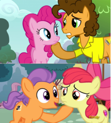 Size: 650x718 | Tagged: safe, screencap, apple bloom, cheese sandwich, pinkie pie, tender taps, earth pony, pony, g4, on your marks, pinkie pride, colt, discovery family logo, female, filly, foal, male, mare, stallion