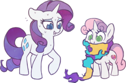 Size: 1109x735 | Tagged: safe, artist:dawnfire, rarity, sweetie belle, pony, unicorn, g4, on your marks, backwards cutie mark, clothes, colored pupils, cute, cutie mark, diasweetes, fake smile, female, filly, floppy ears, foal, grin, gritted teeth, mare, nervous, nervous smile, nervous sweat, raised hoof, scarf, simple background, smiling, sweat, sweetie fail, teeth, the cmc's cutie marks, transparent background
