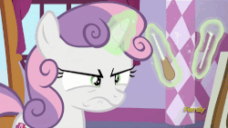Size: 500x281 | Tagged: safe, edit, edited screencap, screencap, sweetie belle, g4, on your marks, angry, animated, conductor's baton, discovery family logo, female, frown, levitation, magic, repairing, reversed, solo, telekinesis