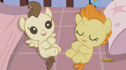 Size: 1365x765 | Tagged: safe, screencap, pound cake, pumpkin cake, g4, my little pony: friendship is magic, on your marks, cake twins, crib, cute, discovery family logo