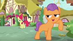 Size: 500x281 | Tagged: safe, screencap, apple bloom, tender taps, earth pony, pony, g4, on your marks, animation error, colt, discovery family logo, gif, male, non-animated gif