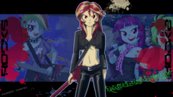Size: 2560x1440 | Tagged: safe, artist:ngrycritic, artist:uotapo, edit, cherry crash, mystery mint, rainbow dash, sunset shimmer, equestria girls, g4, my little pony equestria girls: rainbow rocks, bass guitar, bra, choker, cleavage, clothes, electric guitar, fangs, female, guitar, microphone, musical instrument, open mouth, pants, rock (music), scarf, signature, spiked choker, sunset shredder, underwear