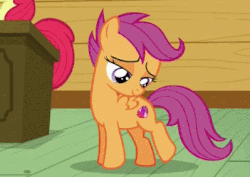 Size: 351x249 | Tagged: safe, screencap, apple bloom, scootaloo, g4, on your marks, animated, cutie mark, cutie mark adoration, female, looking down, spinning, stare, the cmc's cutie marks