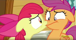 Size: 1276x681 | Tagged: safe, screencap, apple bloom, scootaloo, g4, on your marks, discovery family logo, out of context, scrunchy face