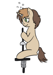 Size: 563x800 | Tagged: artist needed, safe, oc, oc only, oc:honeydrop (colorblind cyoa), oc:puppy, pony, unicorn, bags under eyes, child, cyoa:colorblind, female, filly, foal, hallucination, horn, horn ring, illusion, insanity, mind control, pogo stick