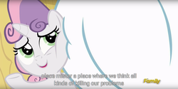 Size: 1920x960 | Tagged: safe, screencap, bulk biceps, sweetie belle, g4, on your marks, discovery family logo, meme, squished, squishy cheeks, youtube caption