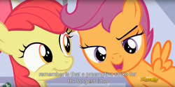 Size: 1920x960 | Tagged: safe, screencap, apple bloom, scootaloo, g4, on your marks, discovery family logo, meme, youtube caption