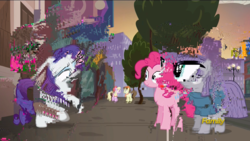 Size: 1920x1080 | Tagged: safe, screencap, luckette, maud pie, pegasus olsen, peggy holstein, pinkie pie, rarity, g4, the gift of the maud pie, discovery family logo, distorted, error, glitch