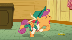 Size: 1365x767 | Tagged: safe, screencap, scootaloo, g4, on your marks, clothes, discovery family logo, female, lederhosen, solo, yodeling, yodeloo