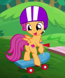 Size: 547x658 | Tagged: source needed, useless source url, safe, screencap, scootaloo, g4, on your marks, butt, cropped, cutie mark, female, helmet, plot, scooter, solo, the cmc's cutie marks